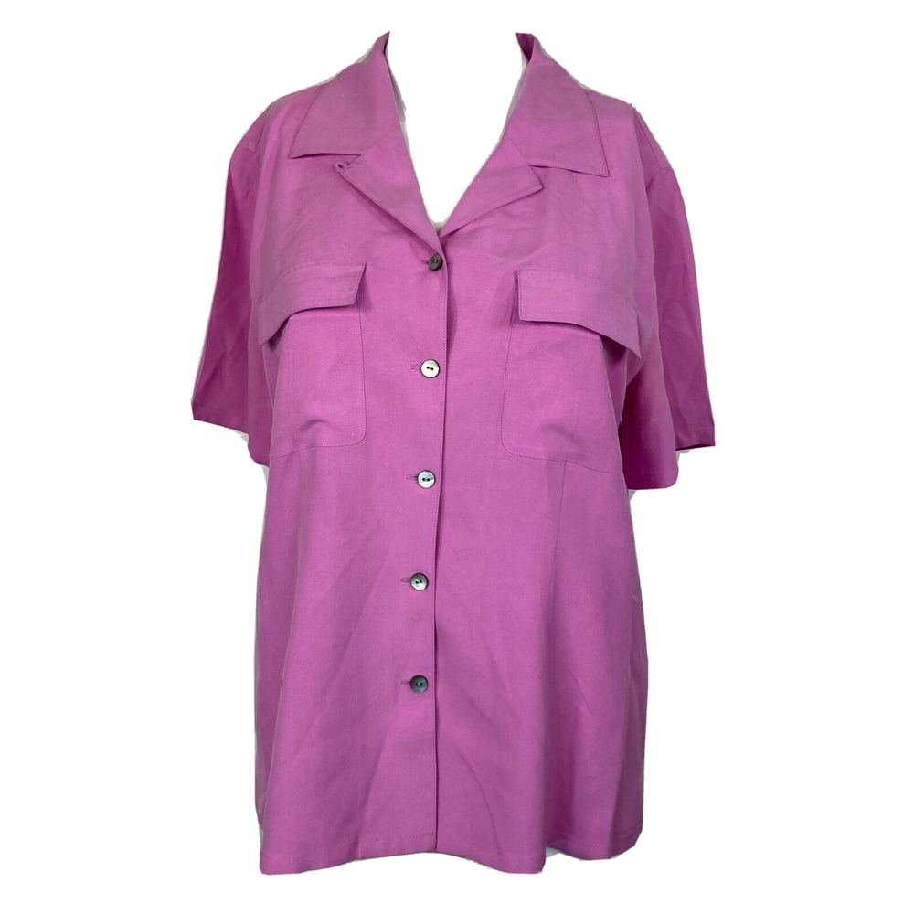 Nordstrom Shirt Womens Sz M‎ Pink Silk Button Up Collared Short Sleeve Blouse